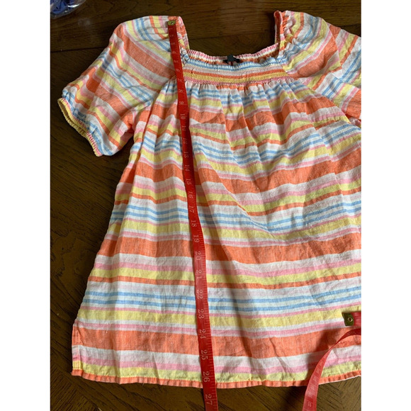Talbots Linen Blouse Womens Size L Striped Colorful Short Sleeve Square Neck - Picture 7 of 7